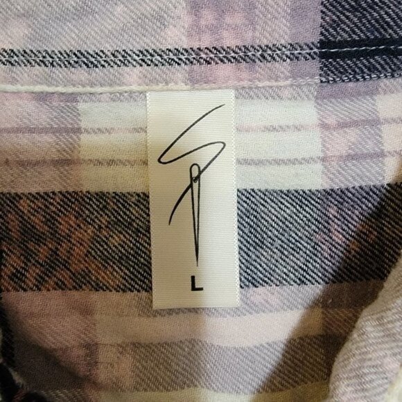 Lavender Purple Plaid Double Pocket Button Down Long Sleeve Bleach Splatter Sz L - Picture 3 of 7